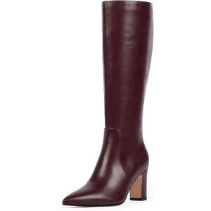 Women Burgundy Chunky Heel Pointed Toe Side Zipper Fall Dressy Comfortable Boots